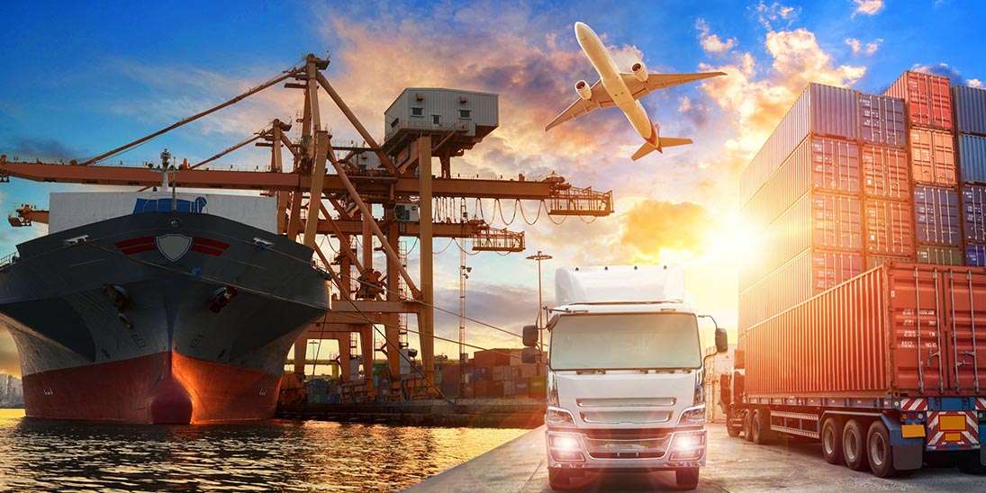 supply-chain-management-plane, truck, ship, transport